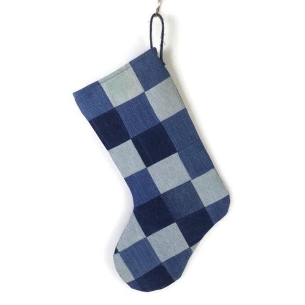 Hand Made Upcycled Blue Patchwork Denim Lined Hanging Christmas Stocking 17.5"